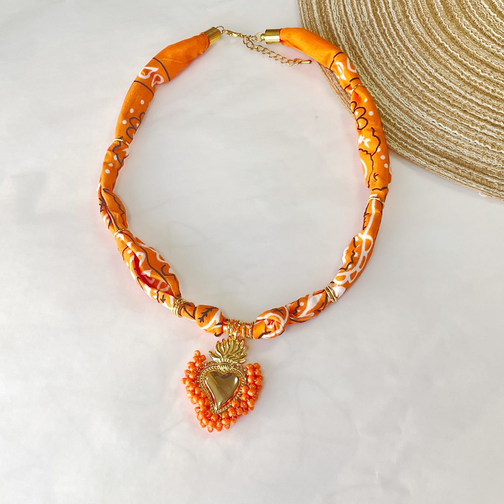 Orange Floral Scarf Necklace with charms