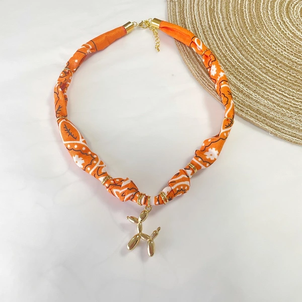 Orange Floral Scarf Necklace with charms