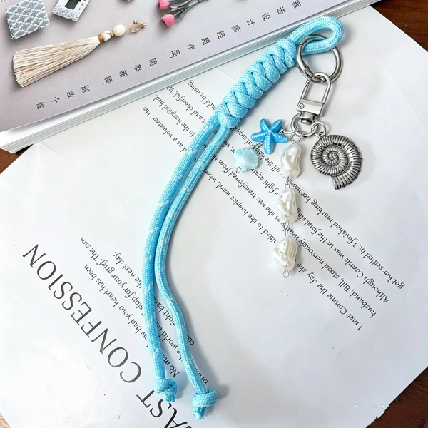  Ocean Vibes Braided Cord Bag Charm, Beach-Themed Keychain with Starfish, Shell & Sea Charms, Cute Purse Backpack Pendant