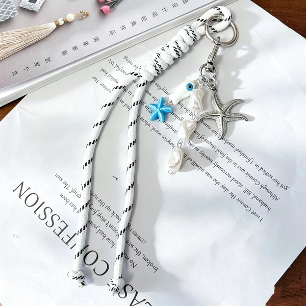  Ocean Vibes Braided Cord Bag Charm, Beach-Themed Keychain with Starfish, Shell & Sea Charms, Cute Purse Backpack Pendant