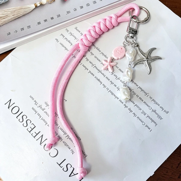  Ocean Vibes Braided Cord Bag Charm, Beach-Themed Keychain with Starfish, Shell & Sea Charms, Cute Purse Backpack Pendant