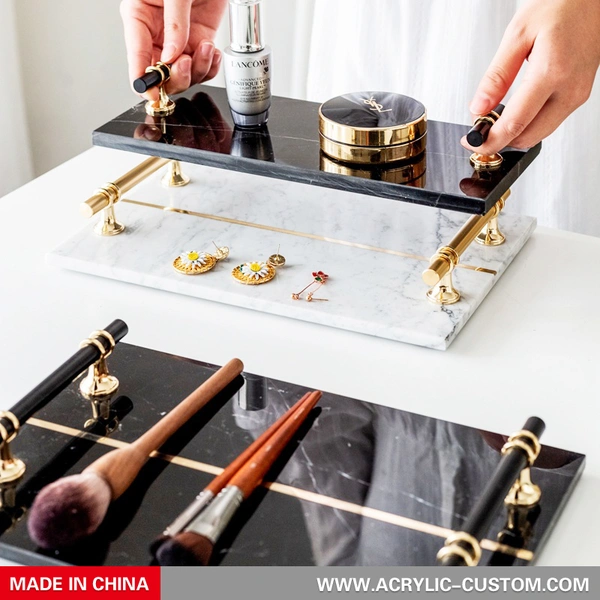 バスルームバニティトレイ-ハンドル付き天然大理石トレイ