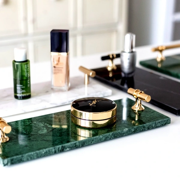バスルームバニティトレイ-ハンドル付き天然大理石トレイ