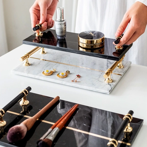 バスルームバニティトレイ-ハンドル付き天然大理石トレイ