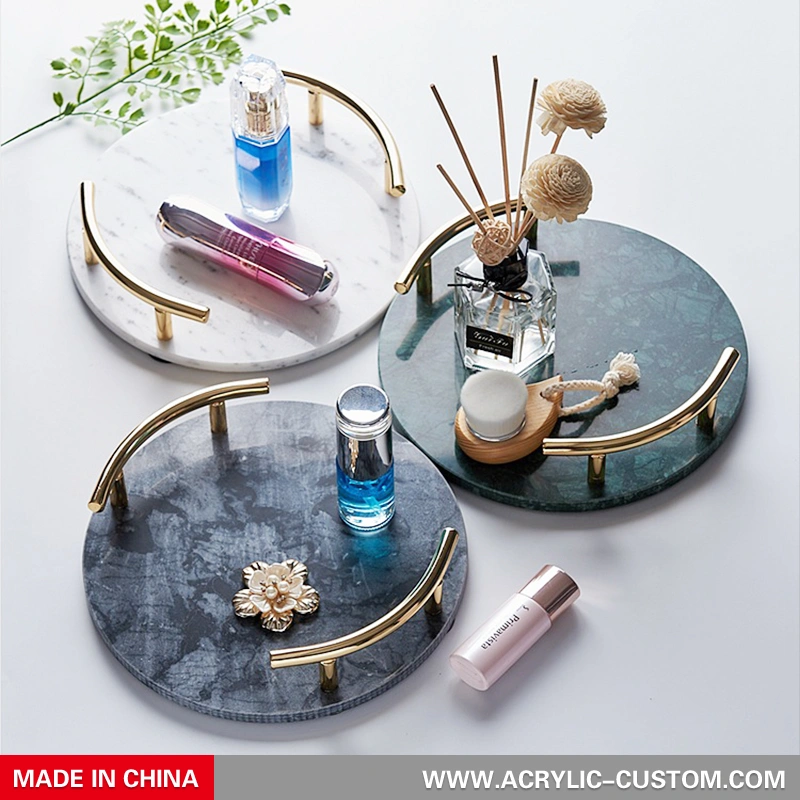 大理石のサービングトレイ-ハンドル付きの丸い天然大理石のトレイ 