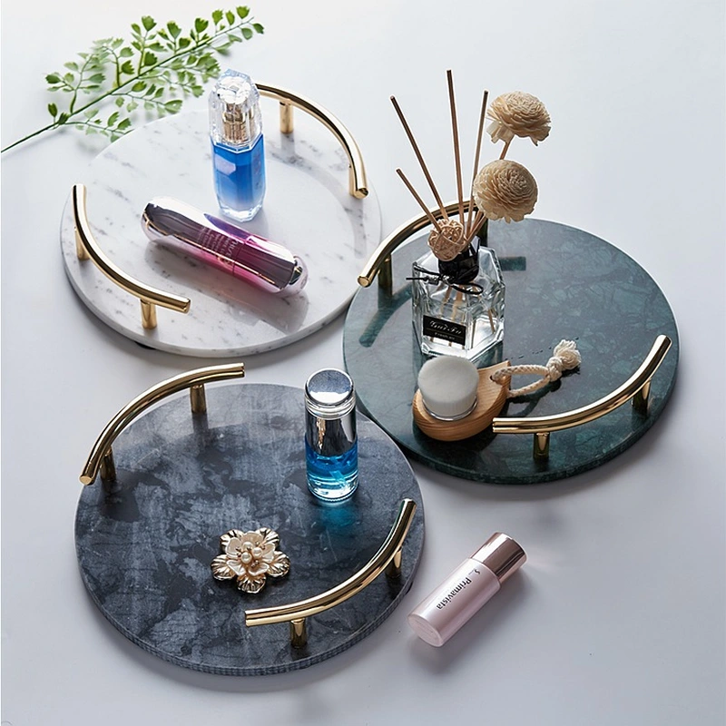 大理石のサービングトレイ-ハンドル付きの丸い天然大理石のトレイ 