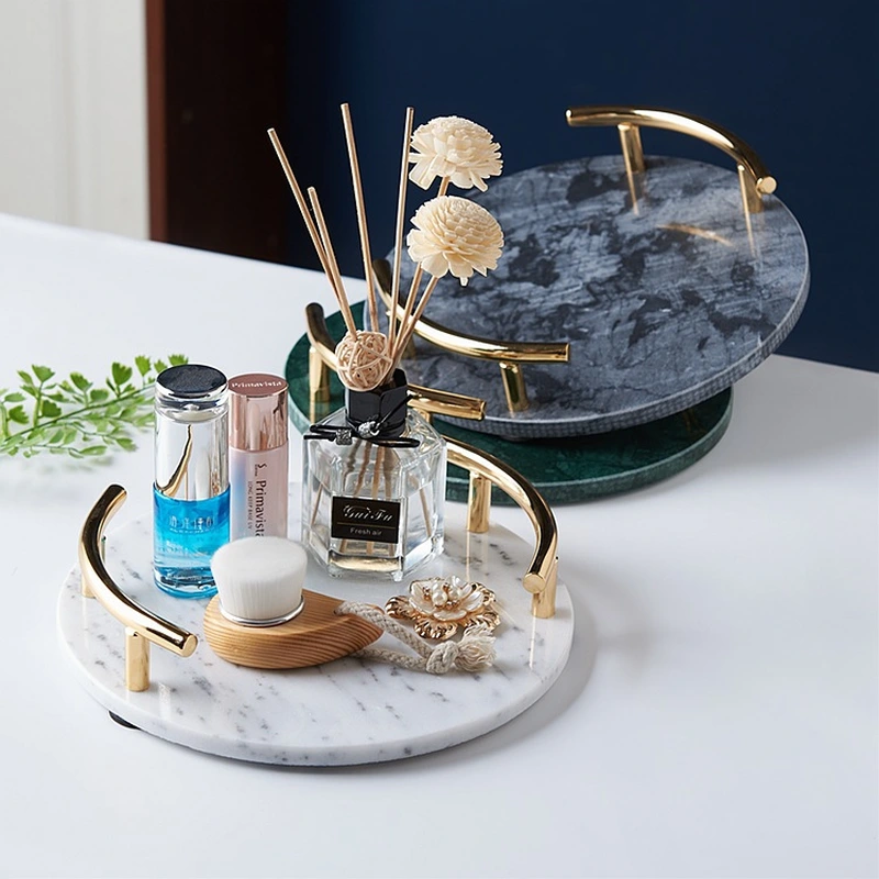 大理石のサービングトレイ-ハンドル付きの丸い天然大理石のトレイ 