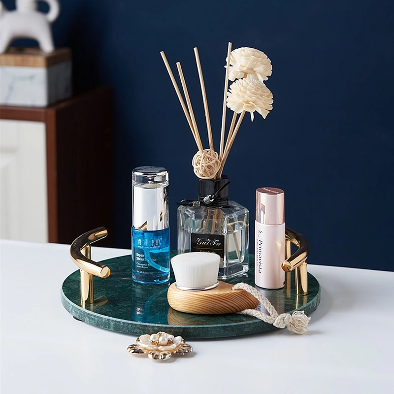 大理石のサービングトレイ-ハンドル付きの丸い天然大理石のトレイ 