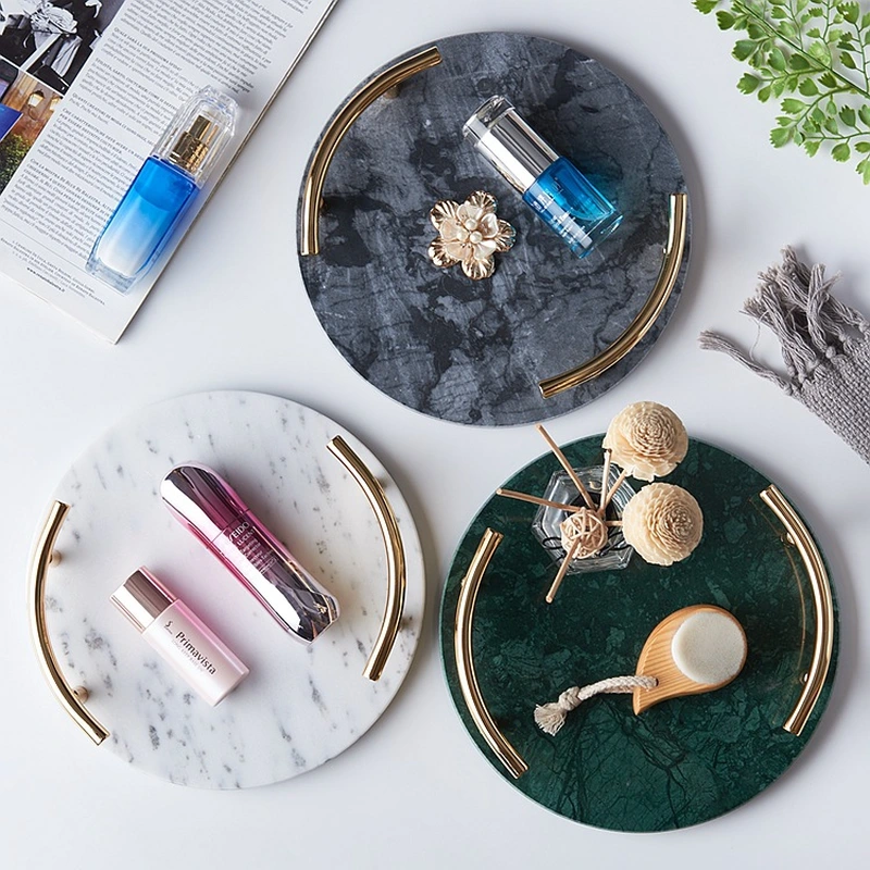 大理石のサービングトレイ-ハンドル付きの丸い天然大理石のトレイ 