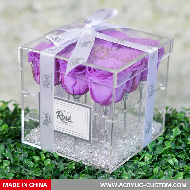 スクエアクリアローズフラワーボックスギフトアクリルボックス| アクリルカスタムメーカー