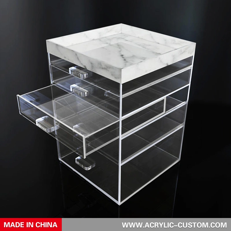 大きなアクリル化粧オーガナイザー棚ルーサイト化粧品オーガナイザートレイ 