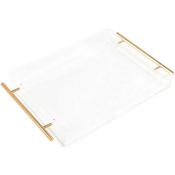 Vente en gros plateau transparent en acrylique, plateau de service avec poignée en métal
