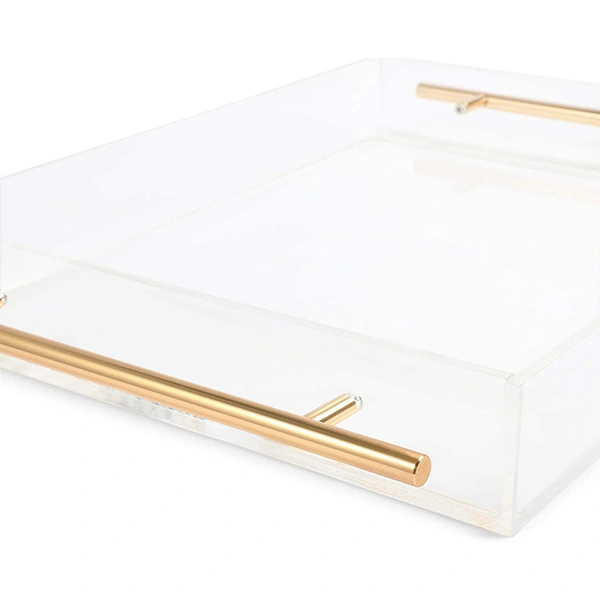 Vente en gros plateau transparent en acrylique, plateau de service avec poignée en métal