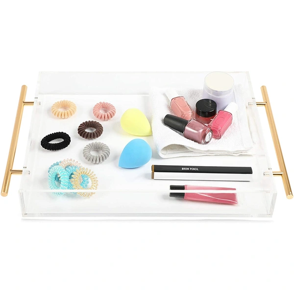 Vente en gros plateau transparent en acrylique, plateau de service avec poignée en métal