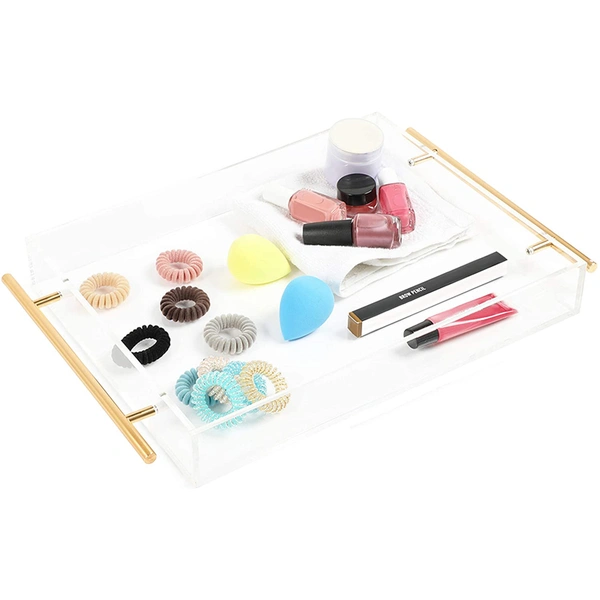 Vente en gros plateau transparent en acrylique, plateau de service avec poignée en métal