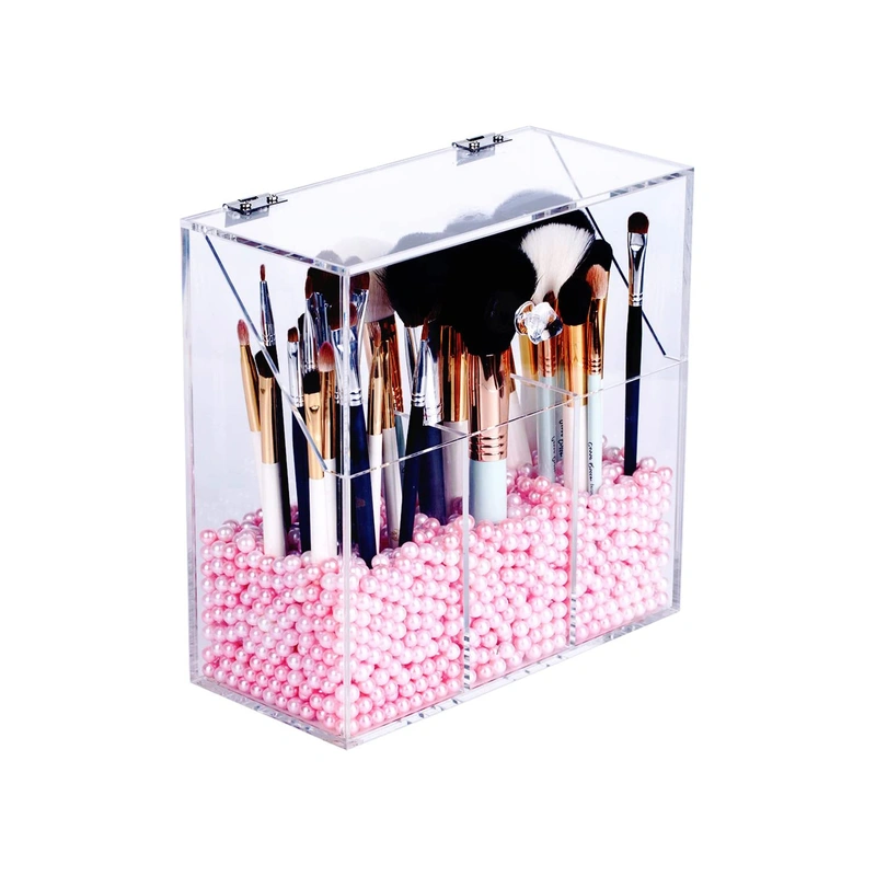 3つのブラシホルダー付きの透明なアクリルメイクアップオーガナイザー、アクリルオーガナイザー 