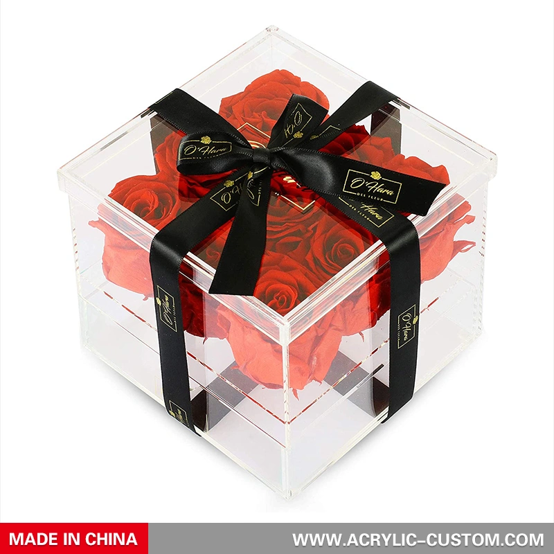 Оптовая акриловая цветочная коробка, прозрачная коробка для цветов розы с ящиком для макияжа
