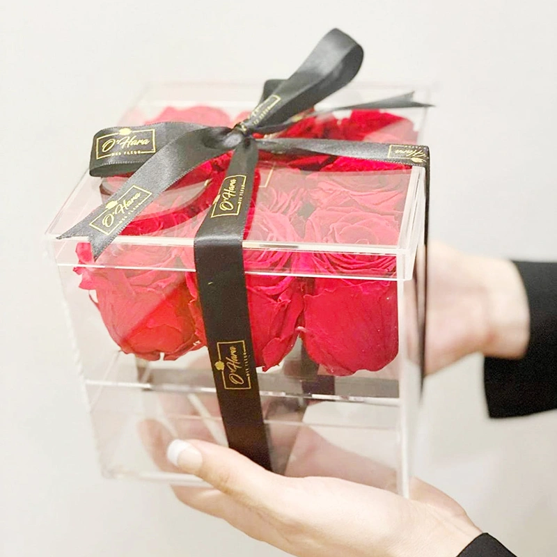 Оптовая акриловая цветочная коробка, прозрачная коробка для цветов розы с ящиком для макияжа