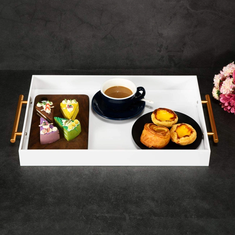White Breakfast Trays Acrylic Food Trays with Metal Handle