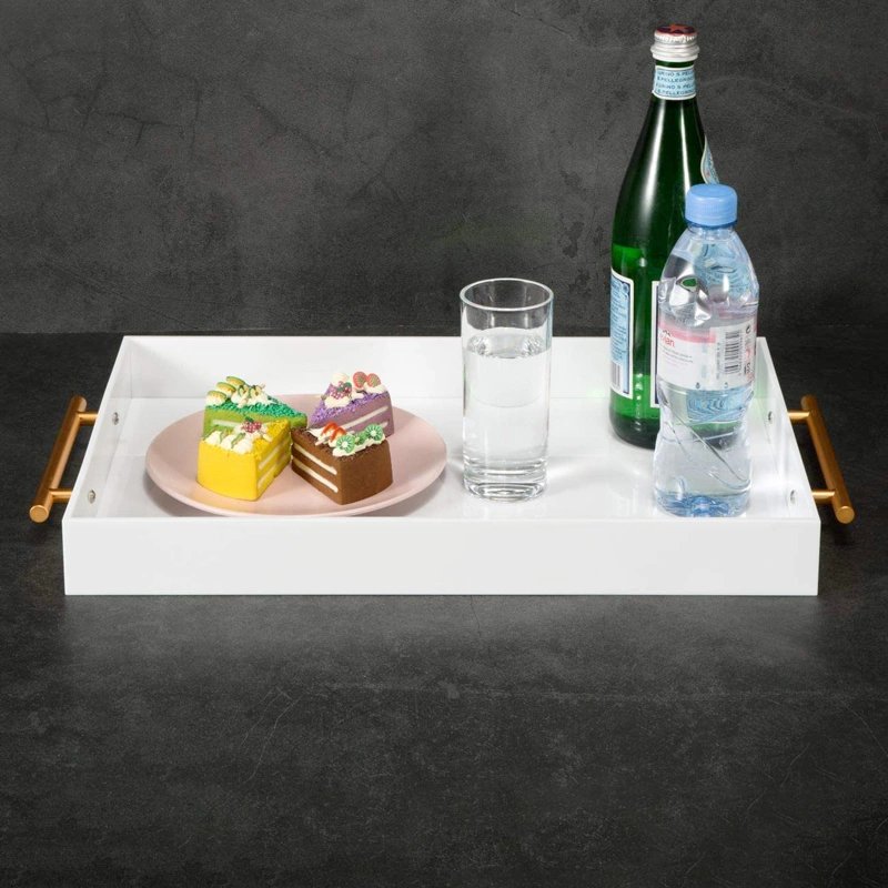 White Breakfast Trays Acrylic Food Trays with Metal Handle
