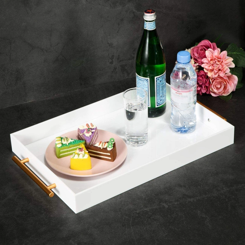 White Breakfast Trays Acrylic Food Trays with Metal Handle