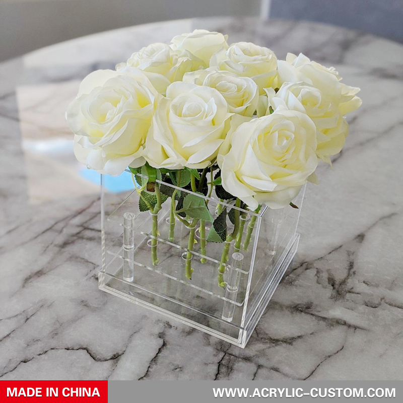 Wholesale Acrylic Rose Flower Box Clear Square Vase with Lid