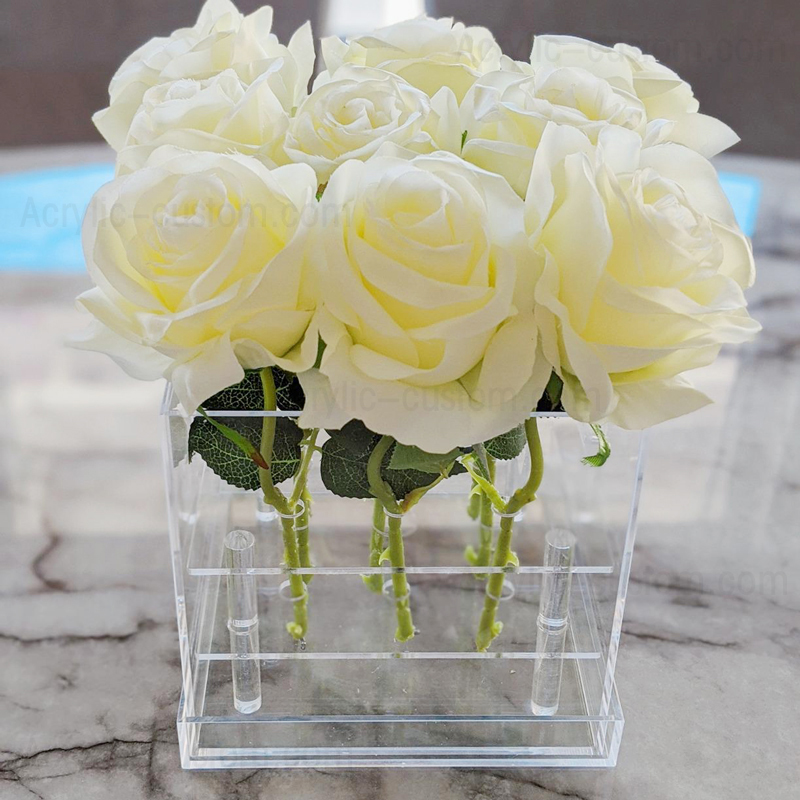 Wholesale Acrylic Rose Flower Box Clear Square Vase with Lid