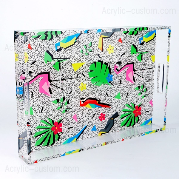 ハンドル付きアクリルトレイ、UVプリントパターンサービングトレイ