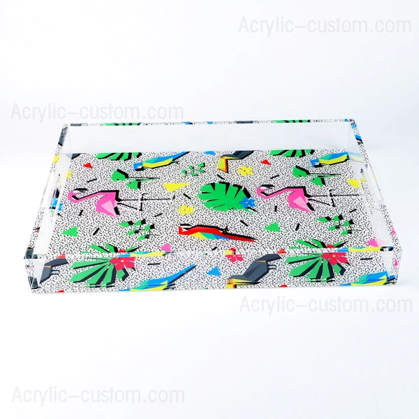 ハンドル付きアクリルトレイ、UVプリントパターンサービングトレイ
