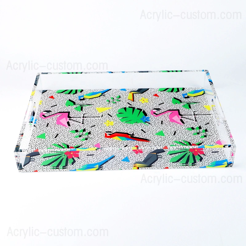 ハンドル付きアクリルトレイ、UVプリントパターンサービングトレイ 