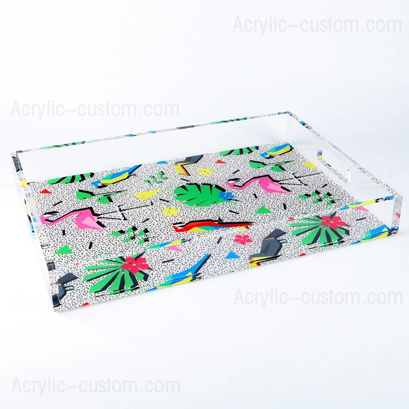 ハンドル付きアクリルトレイ、UVプリントパターンサービングトレイ 
