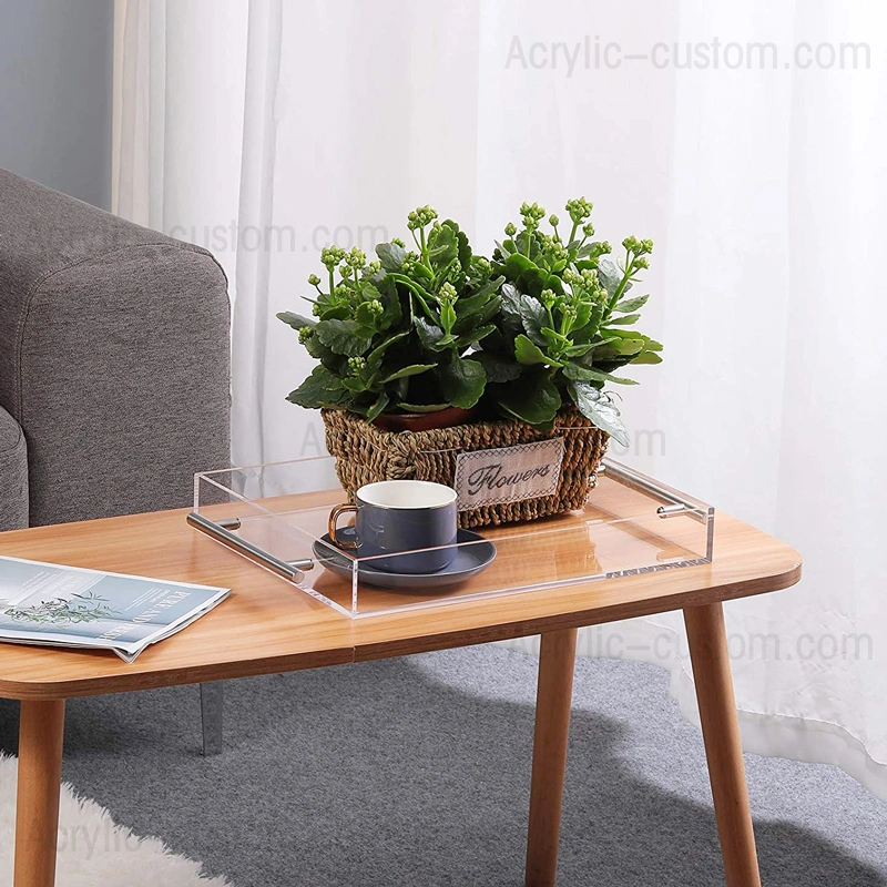 Wholesale Cheap Lucite Tray and Acrylic Clear Tray with Silver Handle