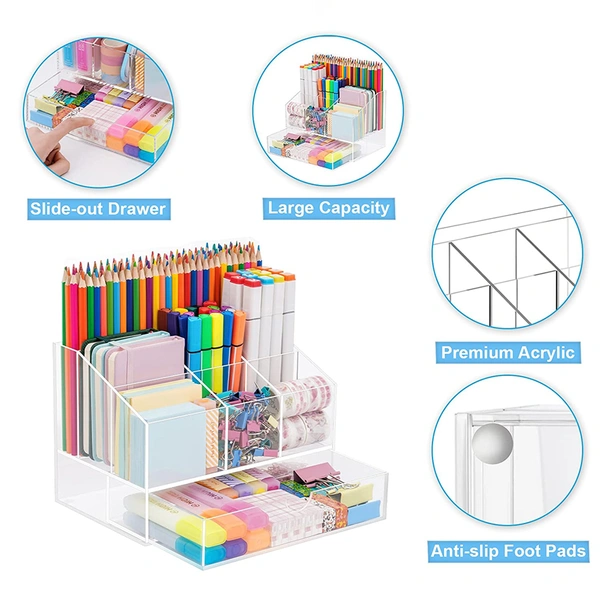 Acrylic Desk Organizers with Sliding Drawers, Office Pen Organizers
