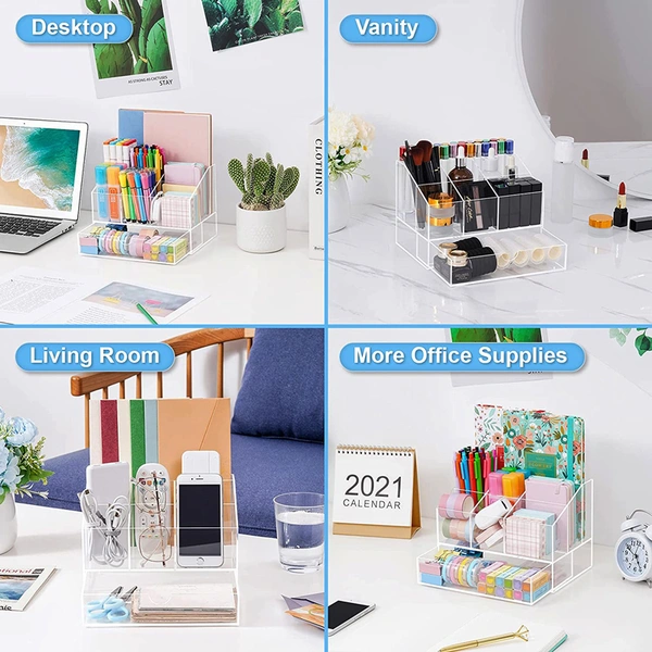Acrylic Desk Organizers with Sliding Drawers, Office Pen Organizers