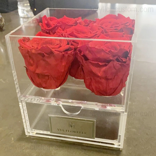 pequeña caja de flores de regalo de acrílico con cajón para almacenamiento de rosas para siempre