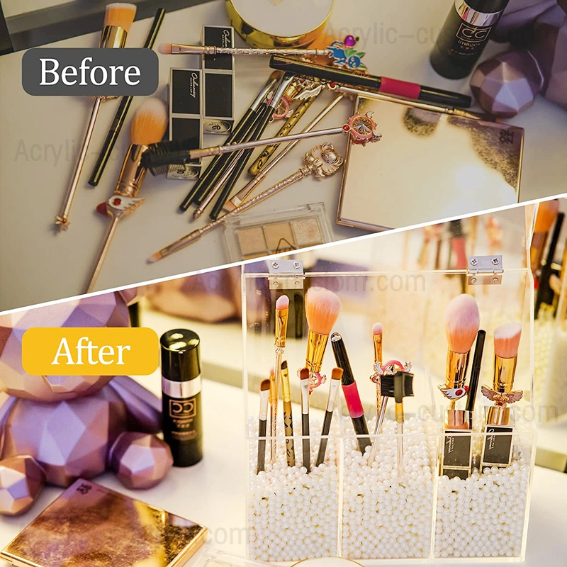 工場価格アクリルオーガナイザー＆ふた付き化粧ブラシホルダー 