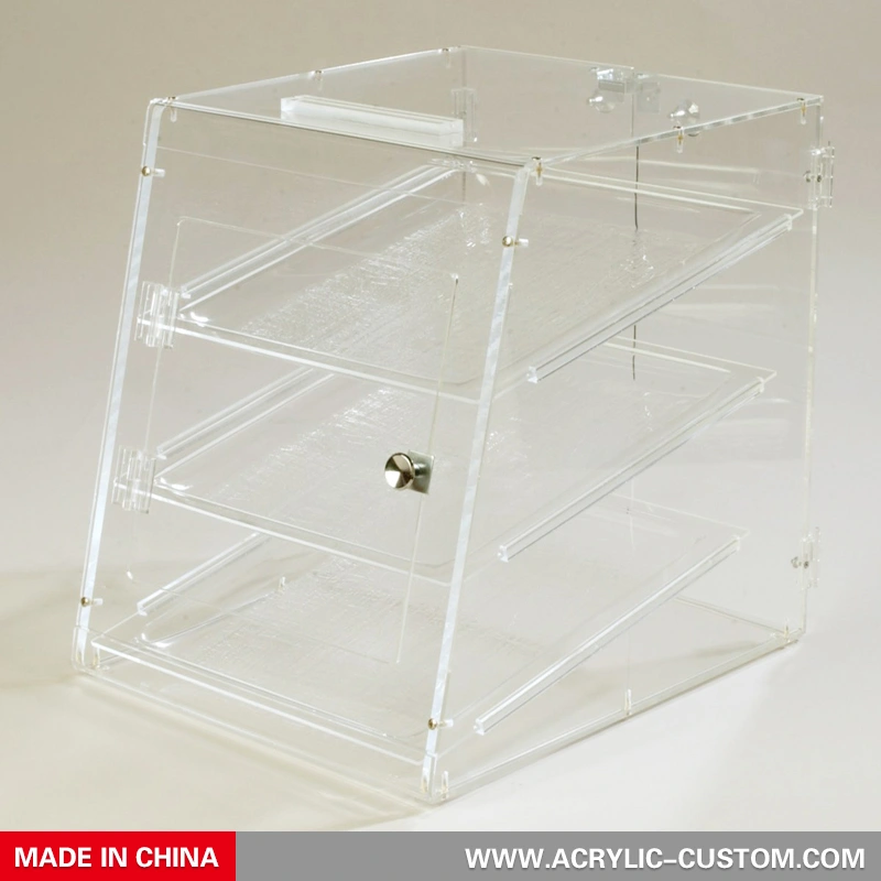 クリアペストリーディスプレイキャビネット卸売、トレイ付きアクリルフードボックス 