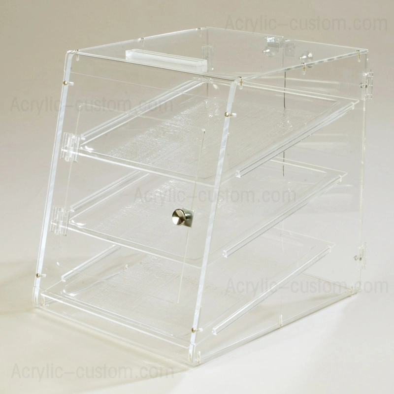 クリアペストリーディスプレイキャビネット卸売、トレイ付きアクリルフードボックス 