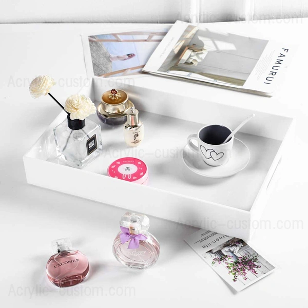Custom Acrylic Trays, White Service Trays for Bathroom with Handle