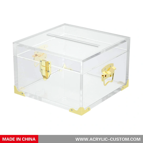 JupDec Clear Wedding Card Box Acrylic for Reception with Slot, 10 x 10 x 6 Large Advice Gift Envelope Holder, Elegant Hone