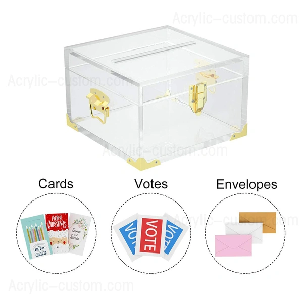 JupDec Clear Wedding Card Box Acrylic for Reception with Slot, 10 x 10 x 6 Large Advice Gift Envelope Holder, Elegant Hone