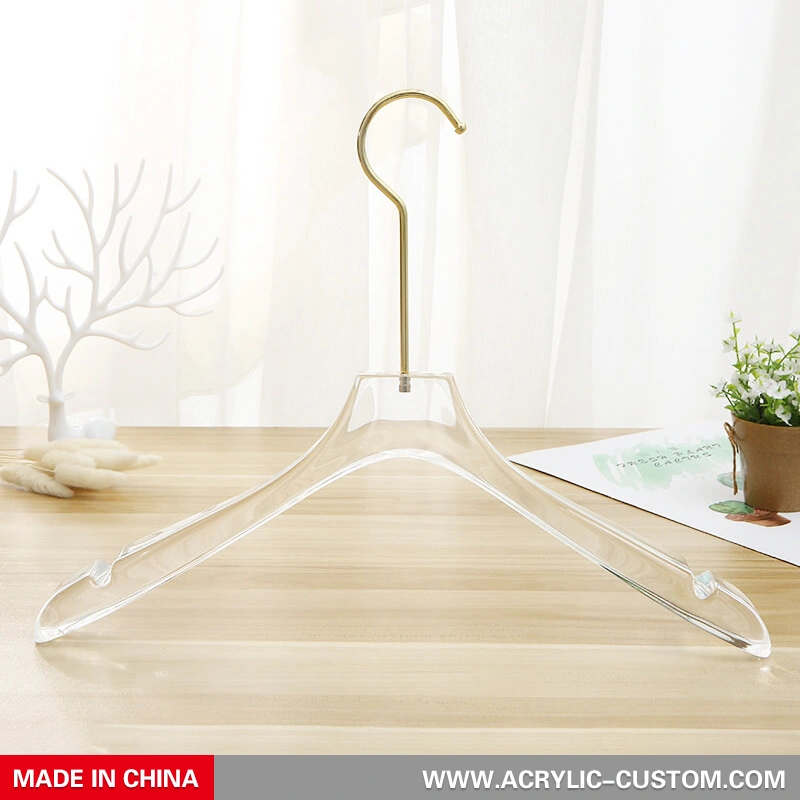 ゴールドフック付きクリアアクリルハンガー、アクリルハンガー卸売 