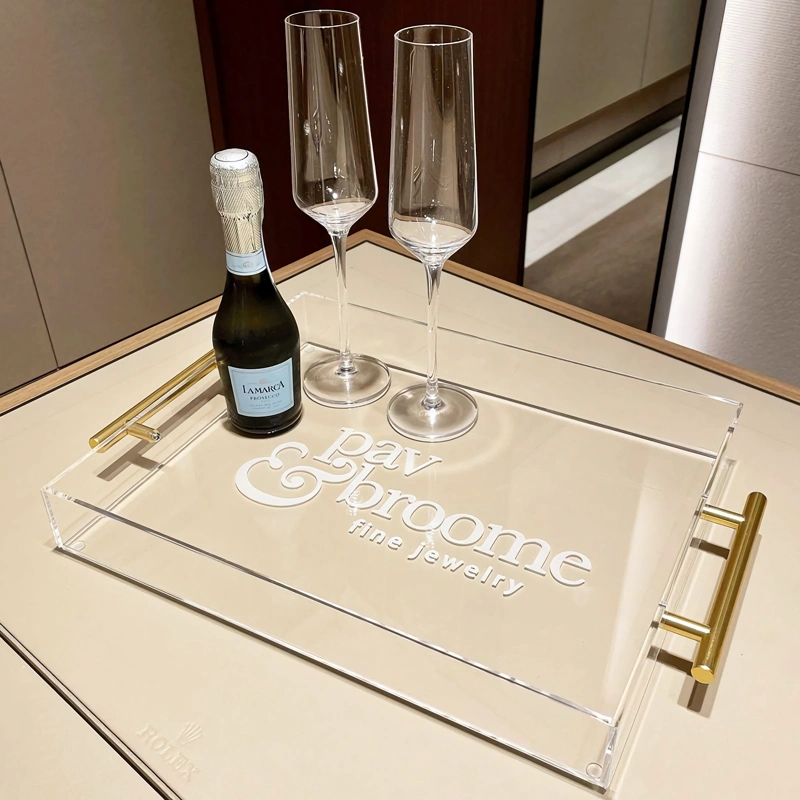 滑り止めルーサイトトレイ - ハンドル付き装飾アクリルトレイ