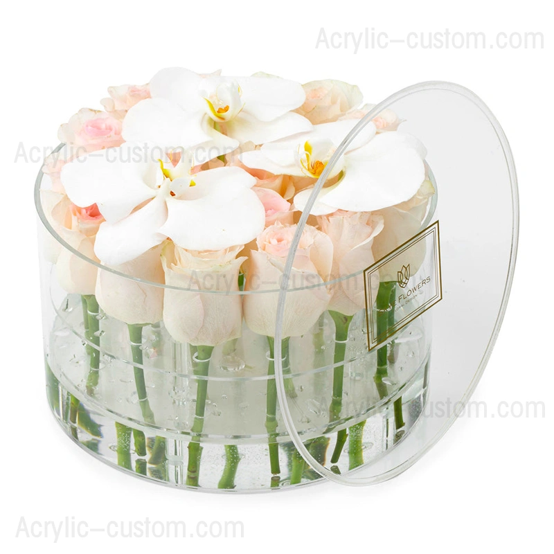 прозрачная круглая коробка с розами | акриловая коробка для цветов розы