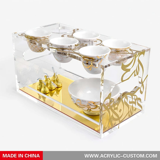 Lucite Gold Branch Cup with 5 towels on Lucite Tray — The Doily Lady