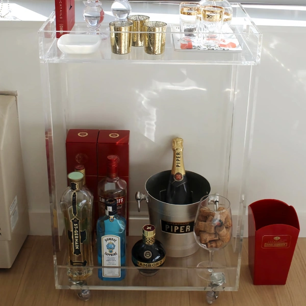 2段アクリルバーカート-透明なルーサイトローリングカート