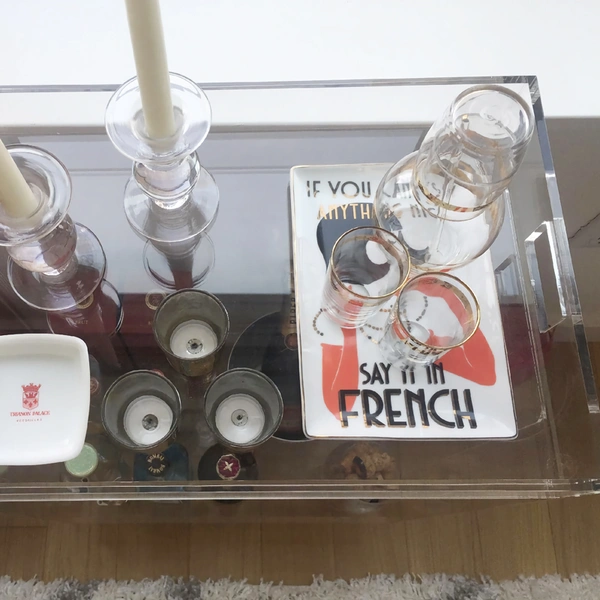 2段アクリルバーカート-透明なルーサイトローリングカート