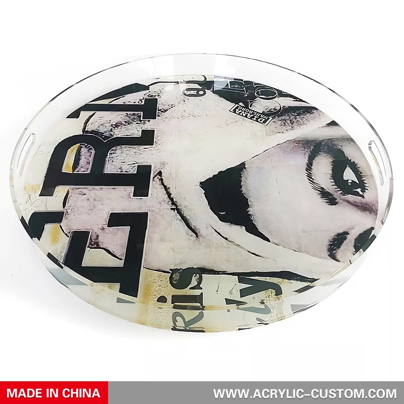 丸い装飾スタイルのルーサイトサービングトレイ-UVパターンのアクリルトレイ