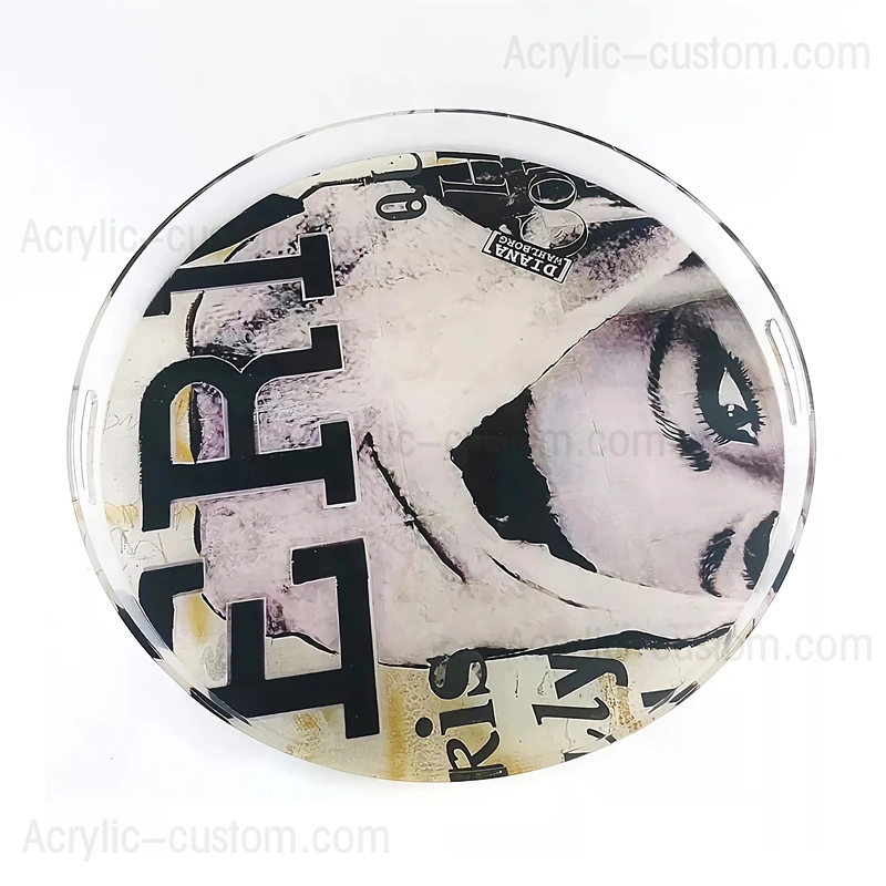 丸い装飾スタイルのルーサイトサービングトレイ-UVパターンのアクリルトレイ