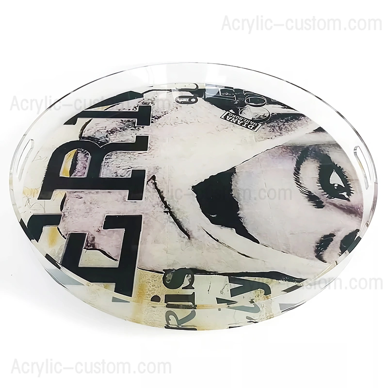 丸い装飾スタイルのルーサイトサービングトレイ-UVパターンのアクリルトレイ